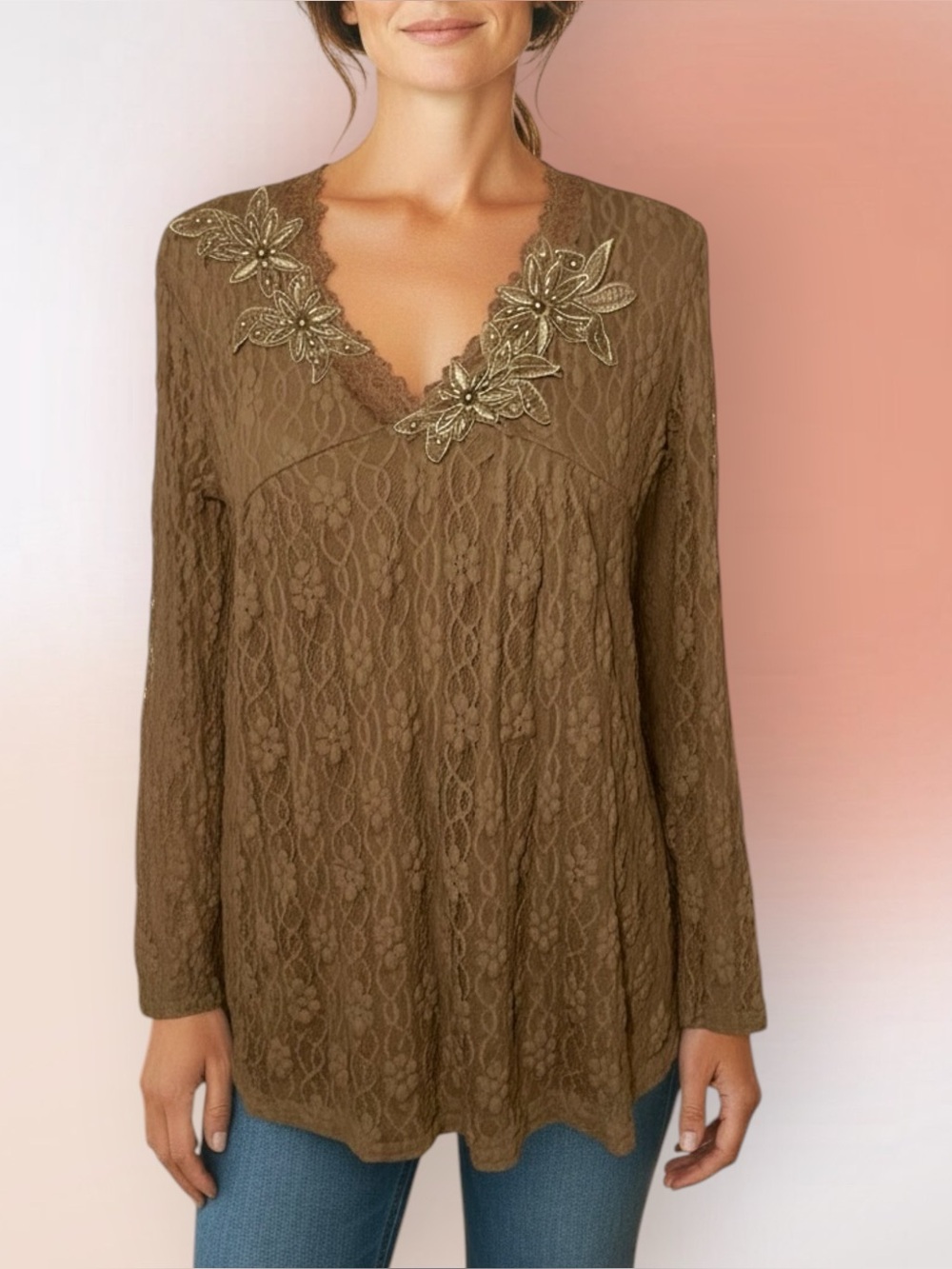 Desert Casual Taupe Silk Blend Lace Blouse with Beaded Appliqués V Neck NWT